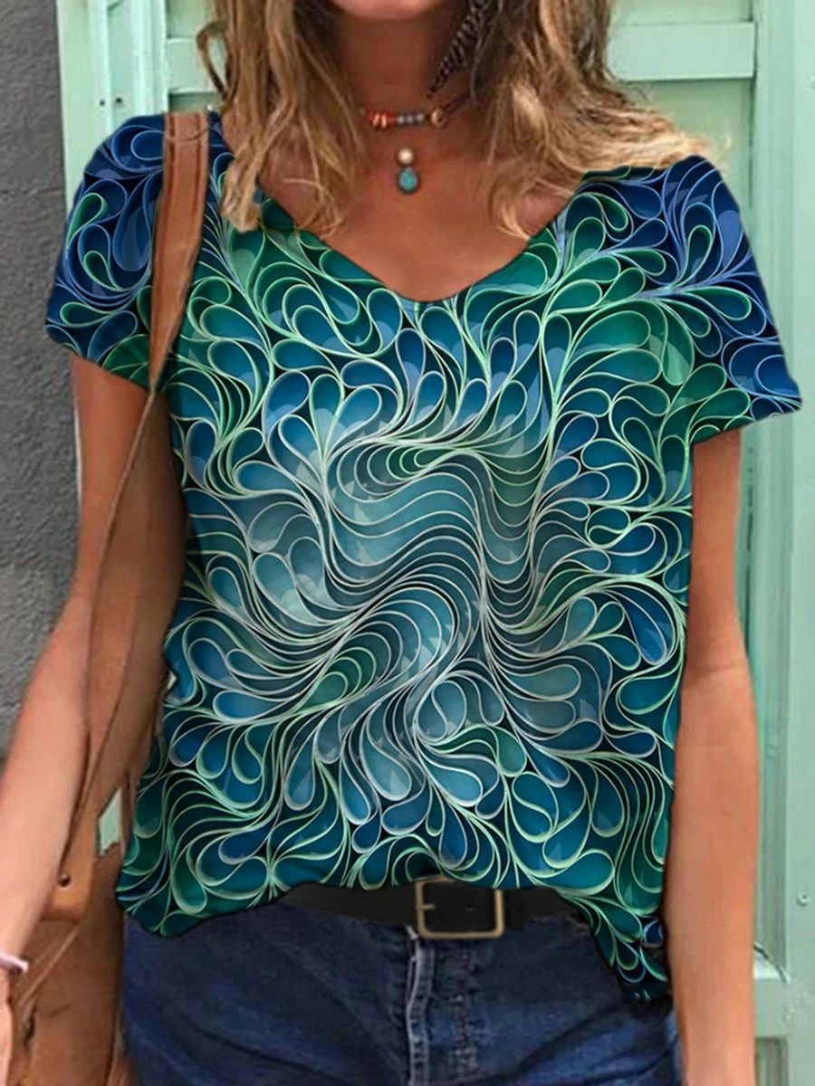 Women's Floral Printed V-neck Short Sleeve Tops