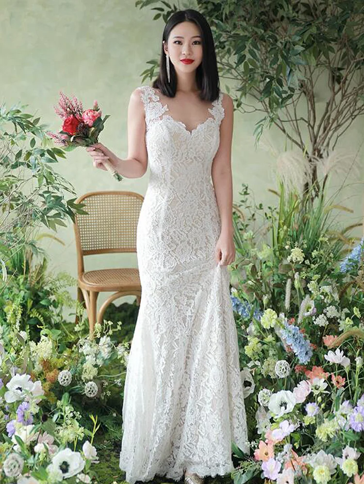 Mermaid Full Lace Wedding Dress Sleeveless Open Back Applique Bridal Gowns