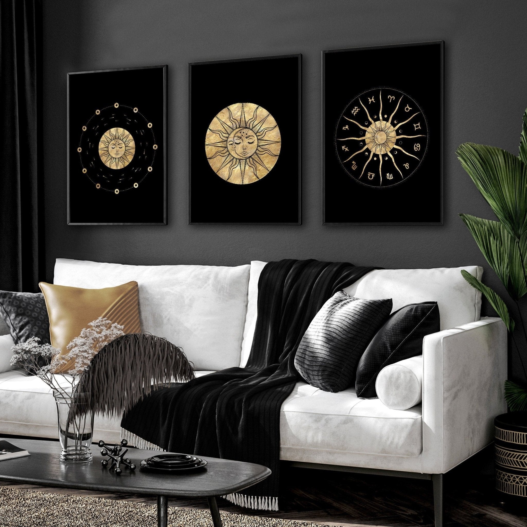 Sun and moon drawing  | set of 3 framed wall art everthome