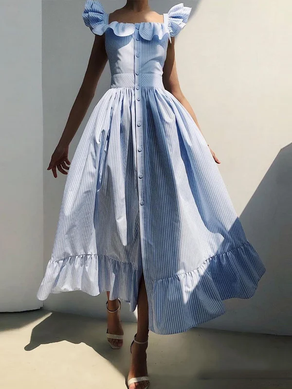 Striped Ruffle Trim Pleated Buttoned Loose A-Line Square-Neck Maxi Dresses