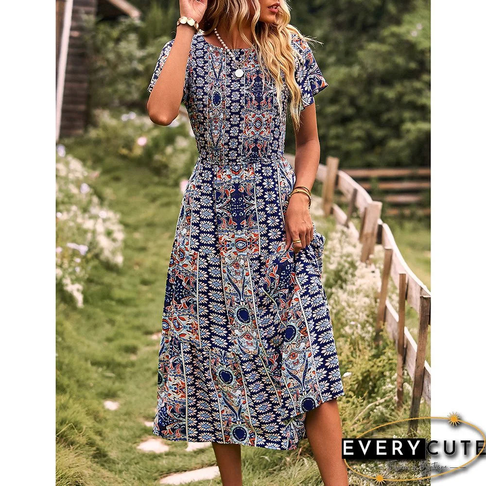Navy Blue Bohemia Print Pleated Woven Casual Dress