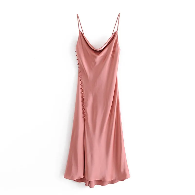 Za Women's Dresses Solid Silk High Waist Partys Dress Mujer Autumn Pink V Neck Split Dress Spaghetti Strap Sexy Evening Robes