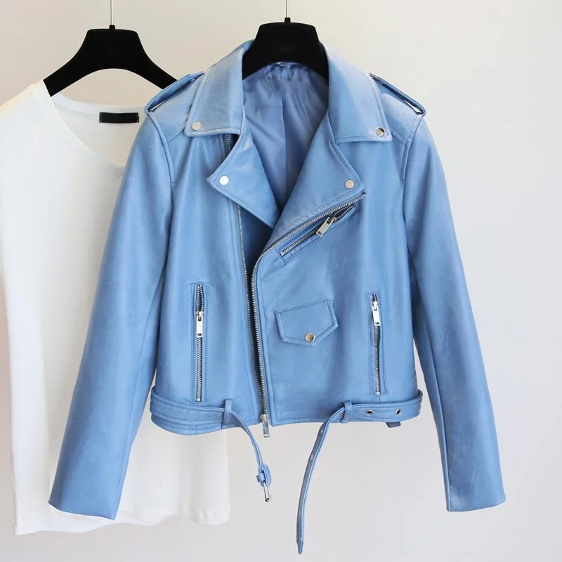 FTLZZ New Women Pu Leather Jacket Fashion Bright Color Black Motor Coats Short Faux Leather Biker Jackets Coat Female