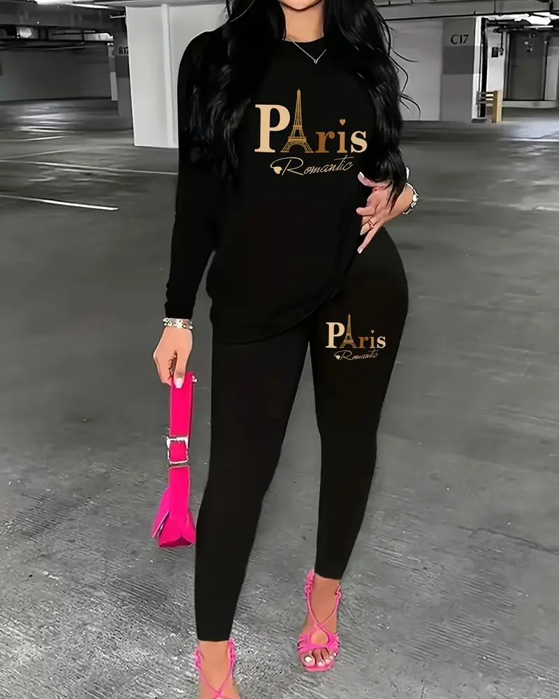 Fun Paris Alphabet Print Long Sleeve Skinny Pants Two Piece Set