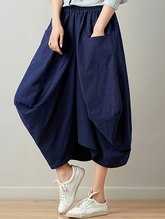 Lantern Shape Solid Color Large Side Pockets Loose Skirt