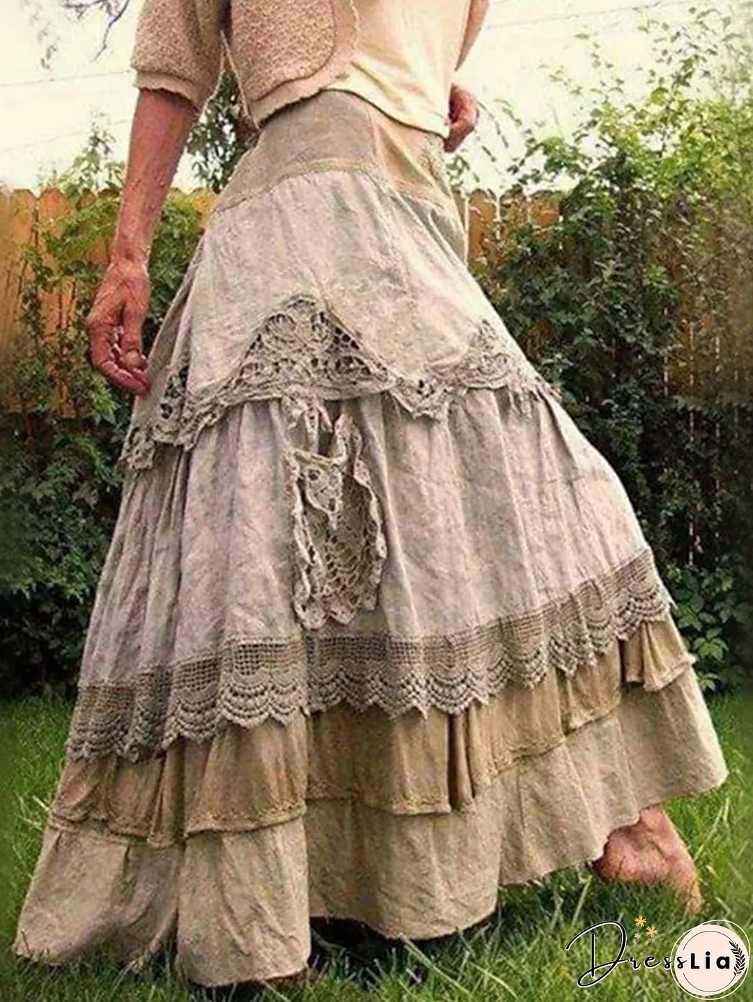 High Waist Lace Up Trim Colorblock Cotton Skirt