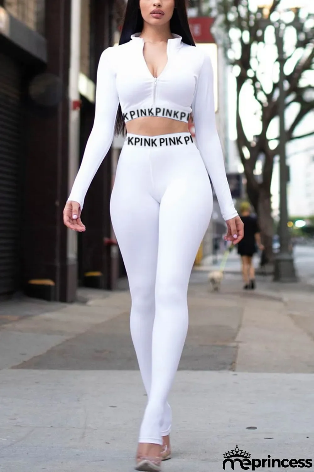 White Casual Print Letter Zipper Collar Long Sleeve Two Pieces