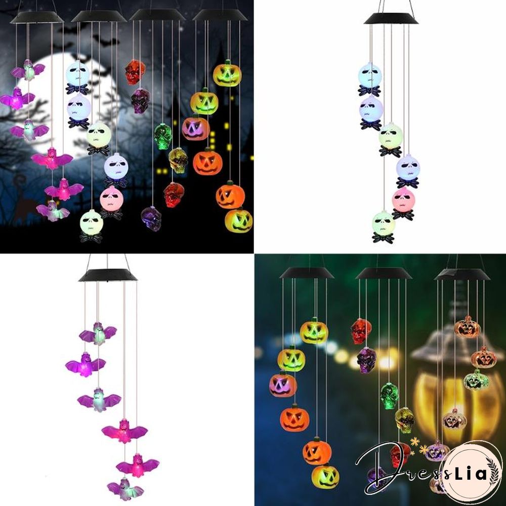 Halloween Solar Skeleton Skull Wind Chimes Light LED Color Changing