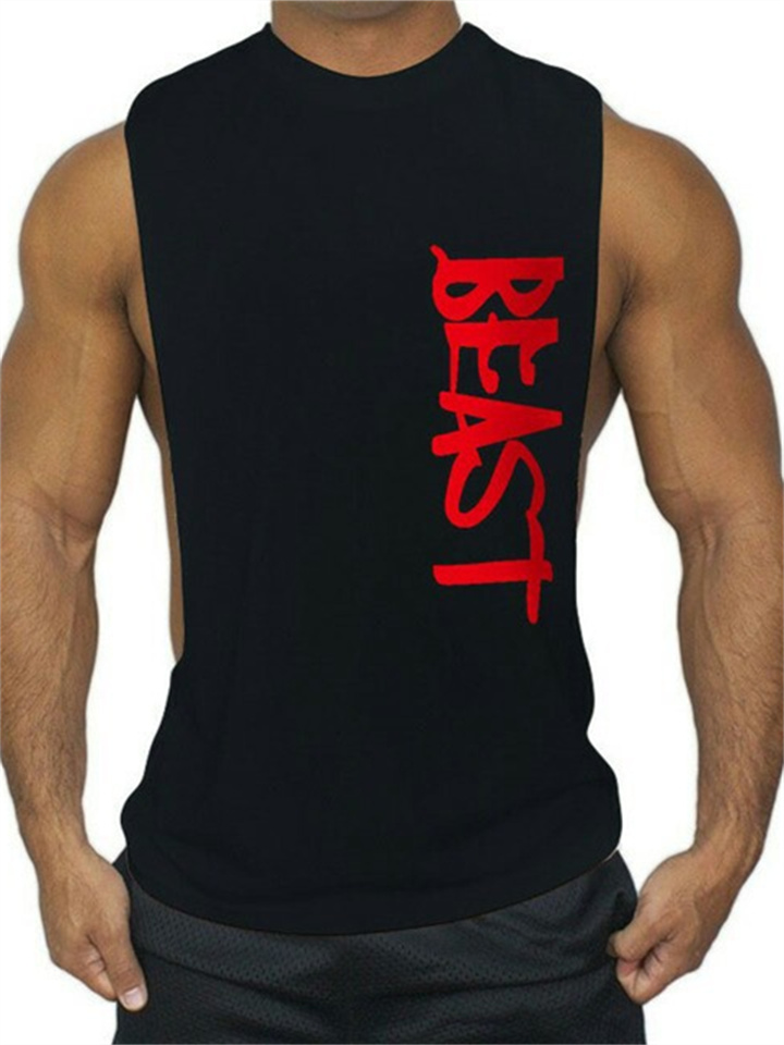 Sports Bodybuilding Fitness Vest Men's BEAST Trend Cotton Large Open Loose Shoulders Sleeveless T-shirt