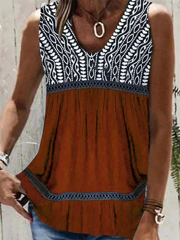 Women's Casual Printed Sleeveless O-neck Tops Blouse Vest