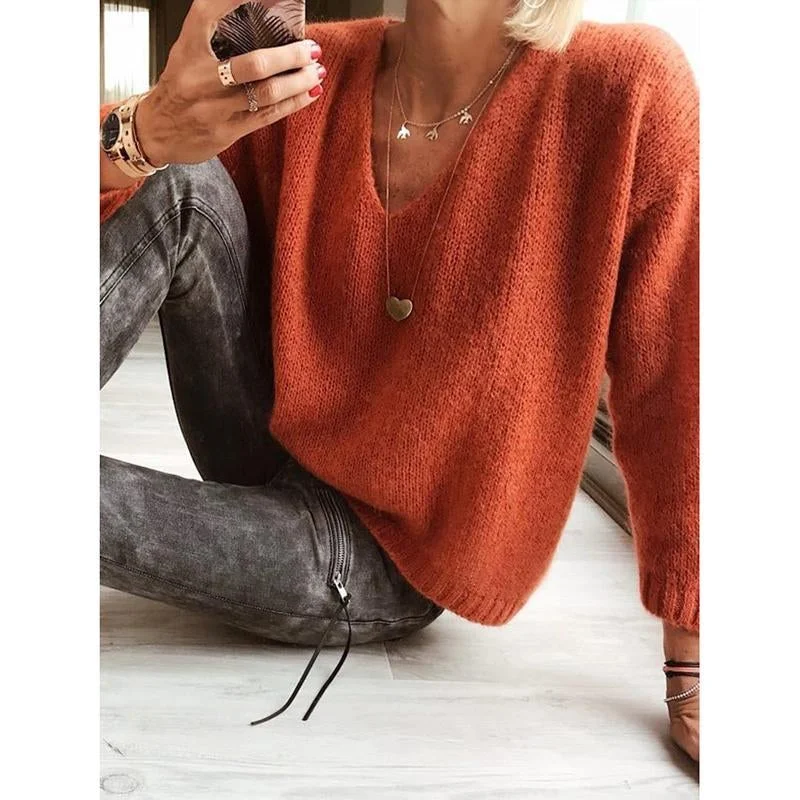 Casual V-Neck Plain Sweater | EGEMISS