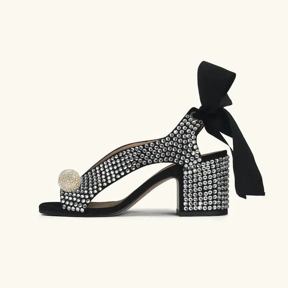 Black Open-Toe Ball Embellished Rhinestone Sandals for Women Nicepairs