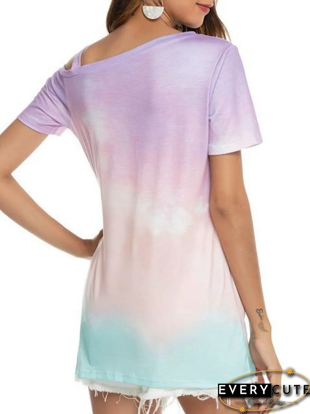 Gradient Color Cold Shoulder Twisted T-Shirt
