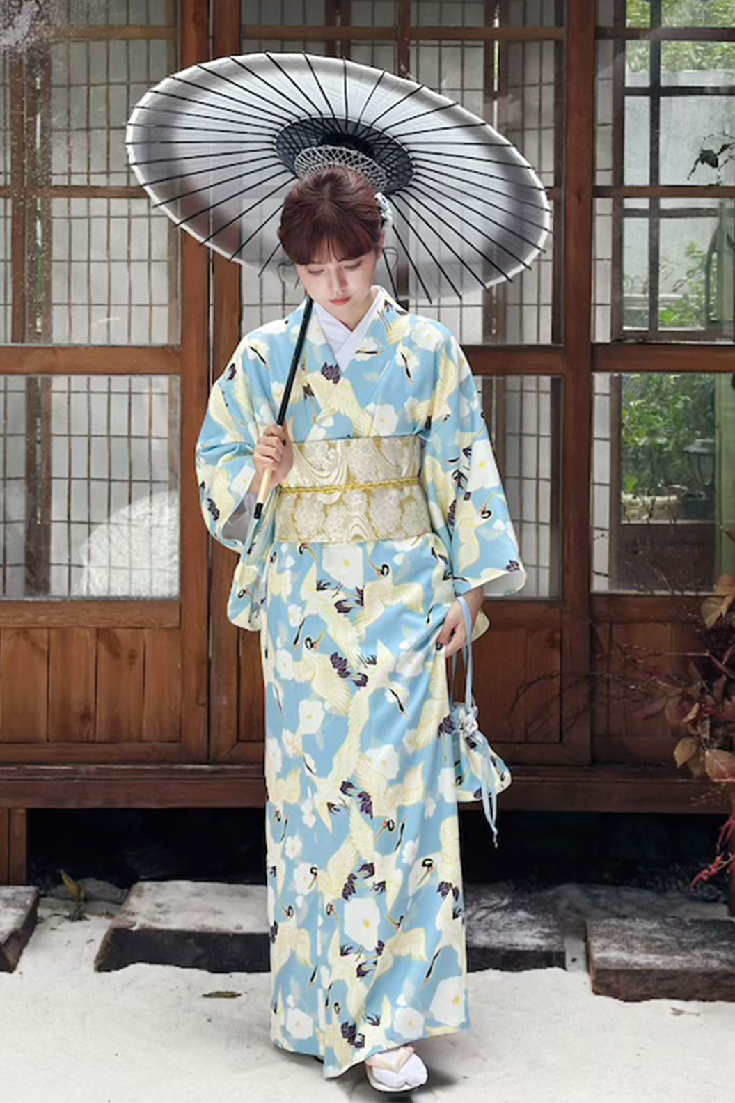 Yukata Kimono Blue Gown with Crane Girl Kawaii Dress - じんじゃれいさい Stupa Stones