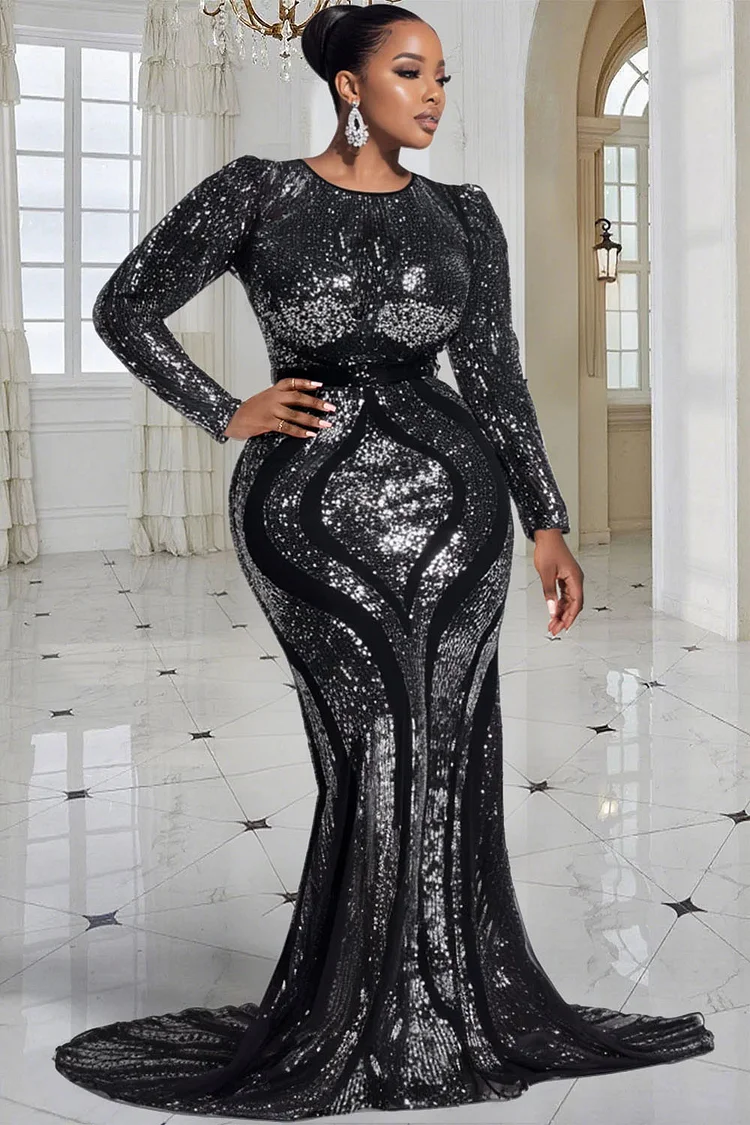 Xpluswear Design Plus Size Formal Black Round Neck Long Sleeve Mermaid Elegant Sequin Maxi Dresses 2024 - Xpluswear