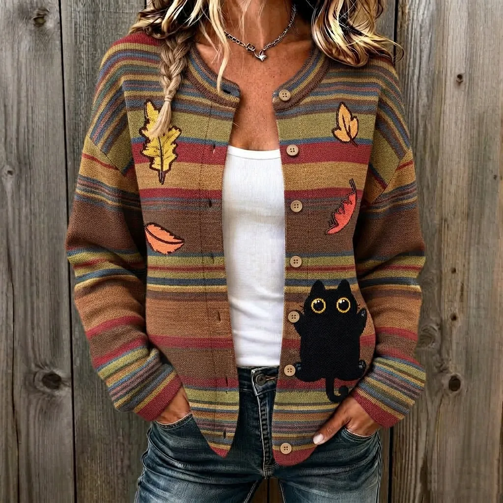 Comstylish Women's Retro Geometric Black Cat Graphic Knit Cardigan