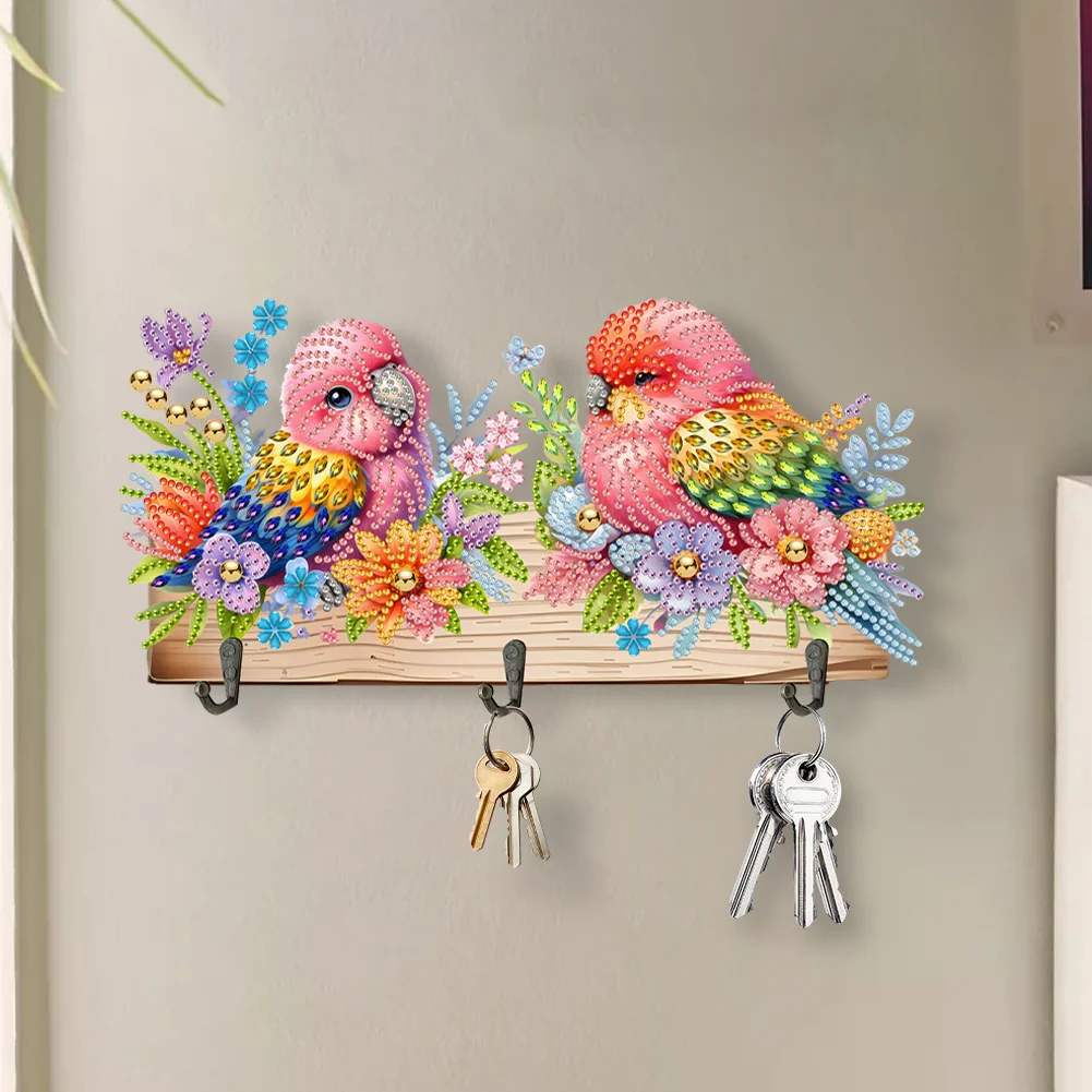 DIY Flower Parrot Wooden Special Shape 3 Hooks Diamond Painting Hanging Hooks for Home Decor