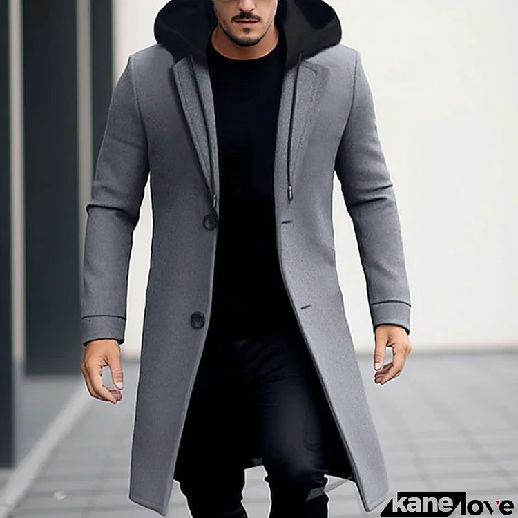 Men's Winter Wool Coat Casual Plain Double-Deck Lapel Collar Zipper Hooded Trench Coat