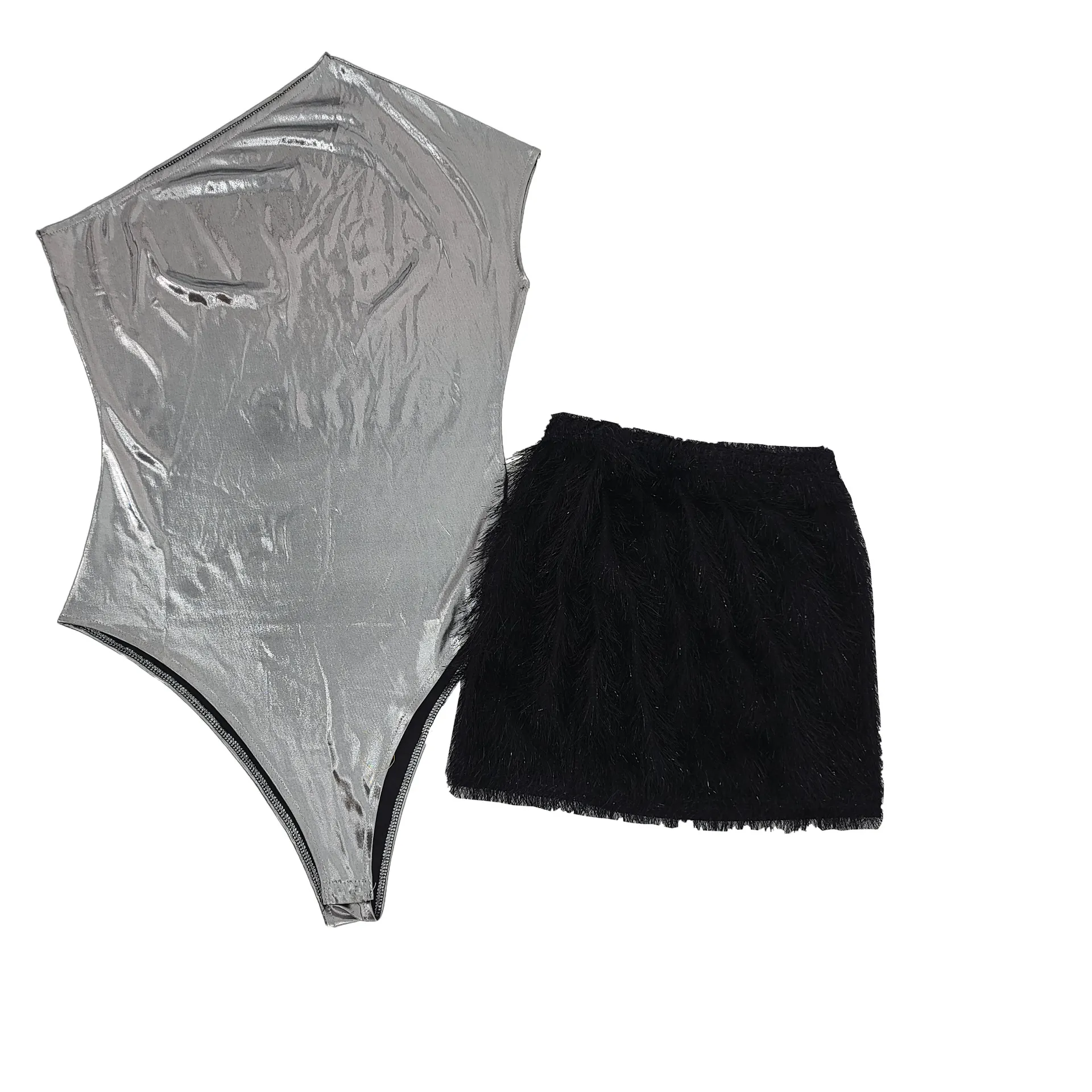 Women Clothing Skirt Set Jumpsuit Glossy Sexy Skirt Two Piece Set