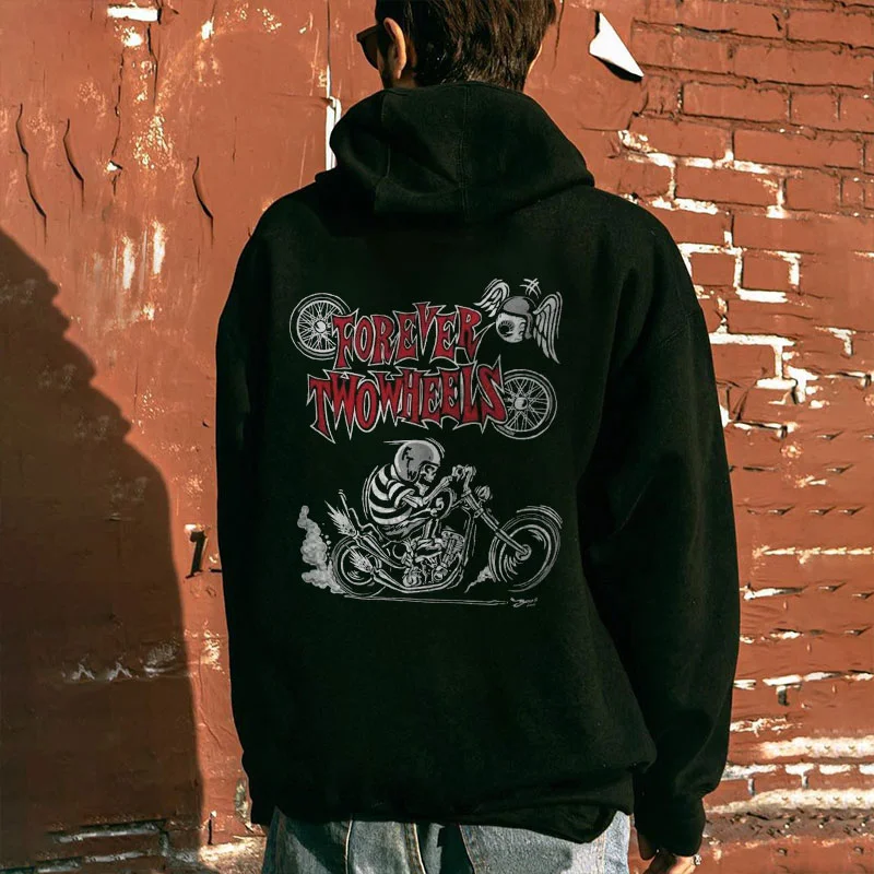 FOREVER TWOWHEELS Motorcycles Skull Rider Casual Black Print Hoodie
