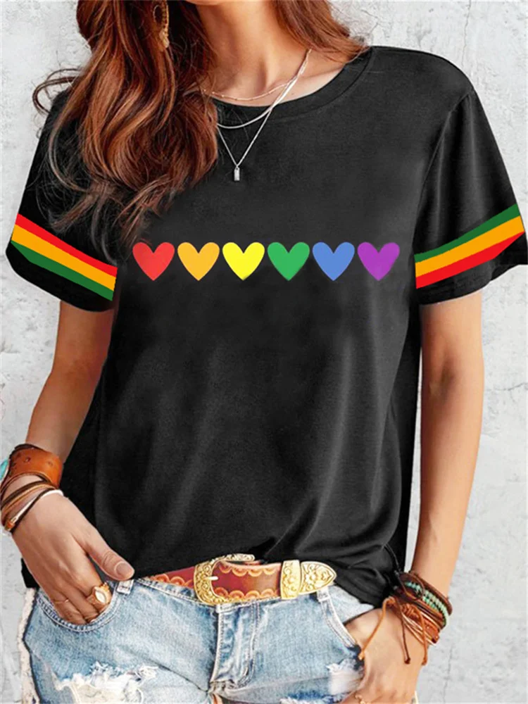 Juneteenth Striped Heart Print O Neck T Shirt
