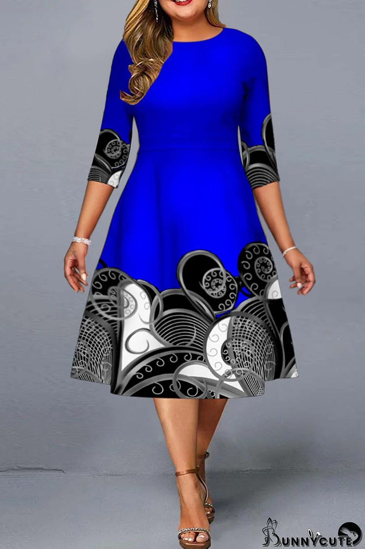 Blue Fashion Casual Print Basic O Neck Plus Size Dresses