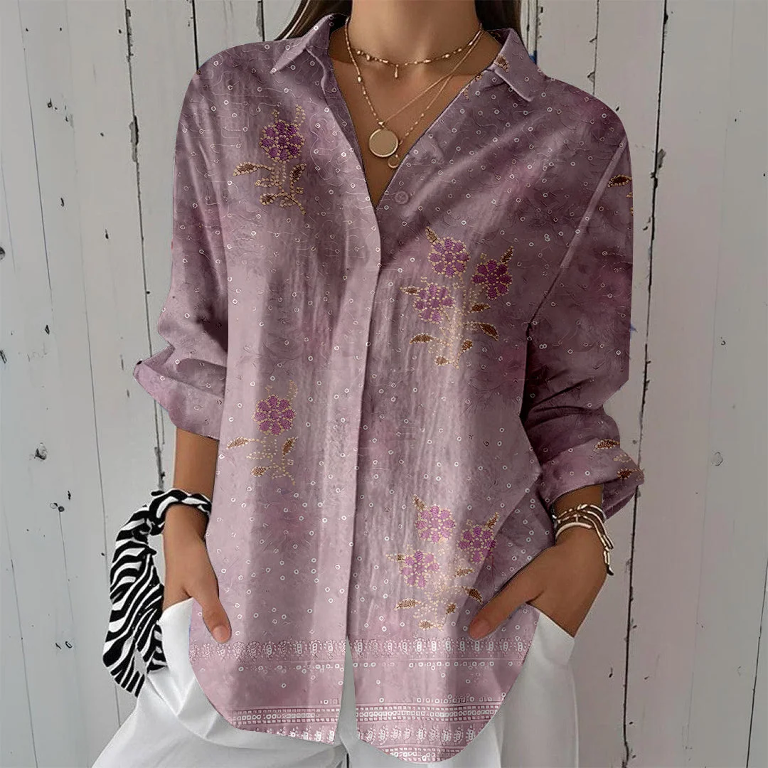 Style & Comfort for Mature Women Women Floral, Bohemian, Purple DZCL0443 3/4 Sleeve Shirt Collar Printed Button Tops