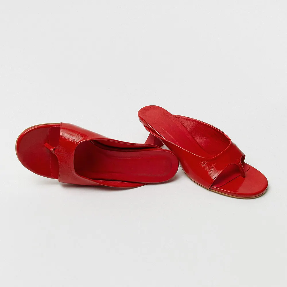 Red Faux Leather Round Toe Slip On Flip Flops Heeled Mules