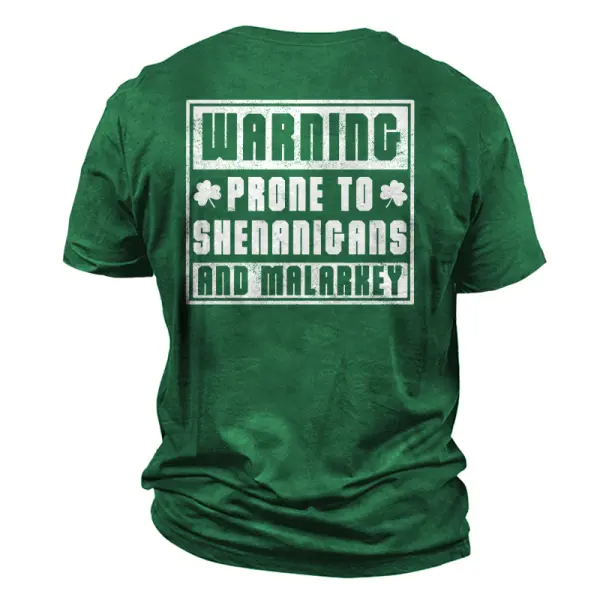 Men's Warning Prone To Shenanigans And Malarkey St. Patrick's Day Shamrock Daily Casual Short Sleeve Crew Neck T-Shirt ctolen