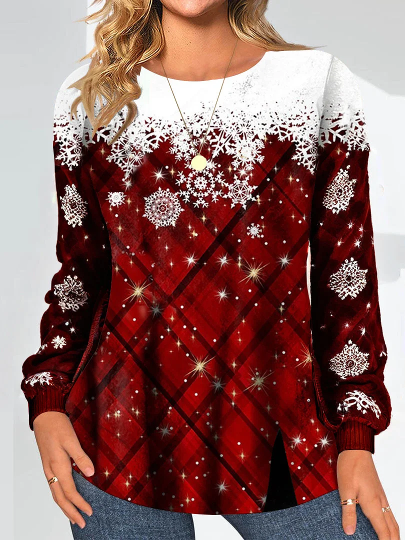 Women Long Sleeve Scoop Neck Snowflake Printed Graphic Tops