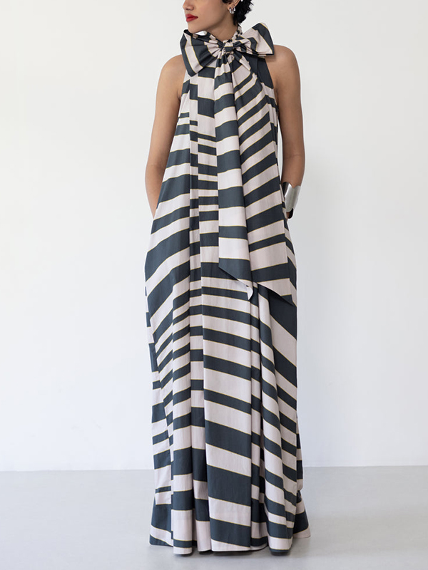Loose Sleeveless Bowknot Halterneck Striped Maxi Dress