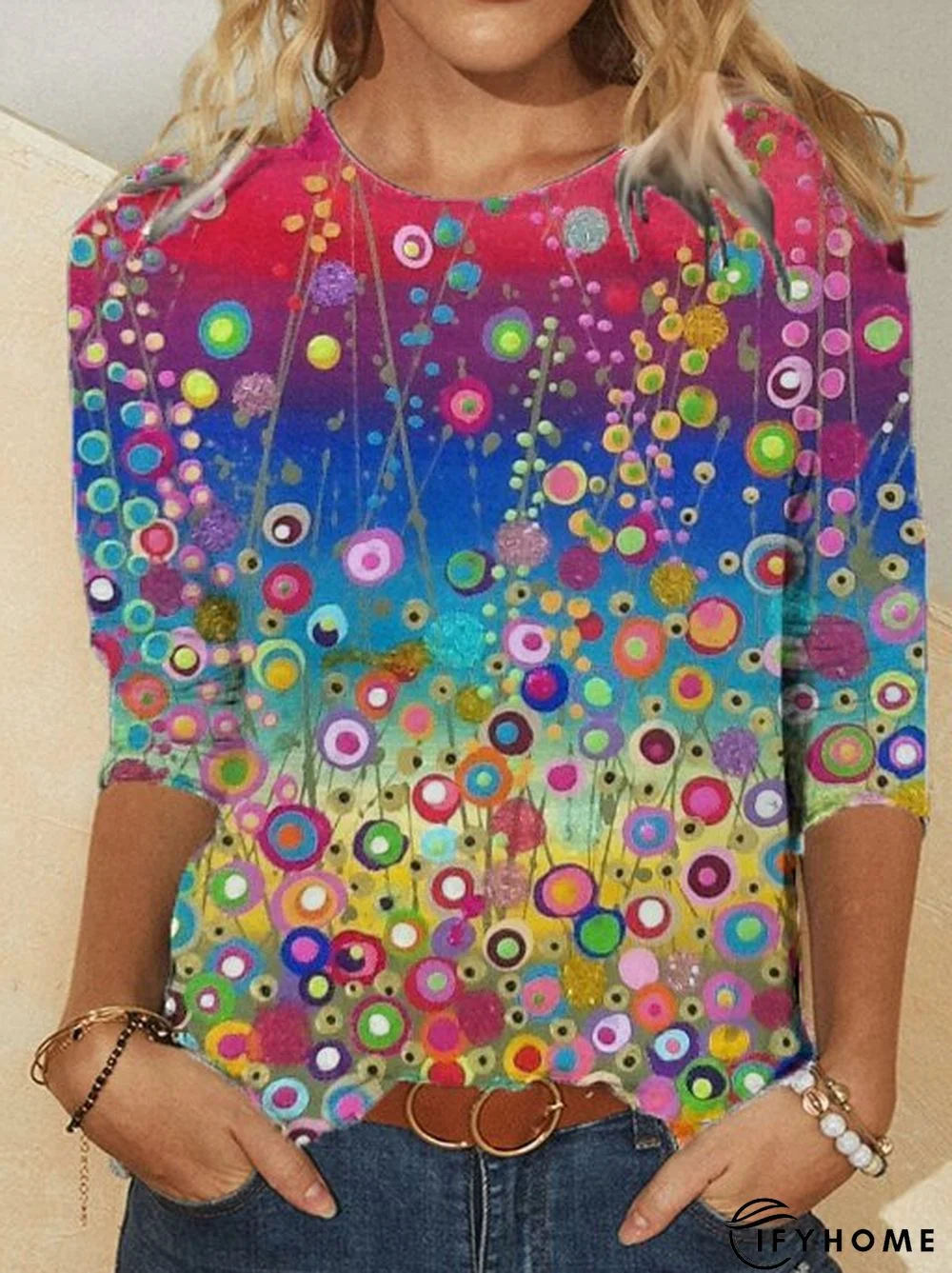 Women Casual Multicolor Graffiti Printed Crew Neck Shirt | IFYHOME