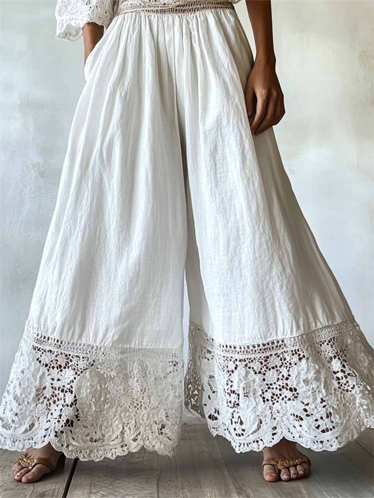 Comstylish Vintage Boho Floral Lace Hem Flowy Linen Pants