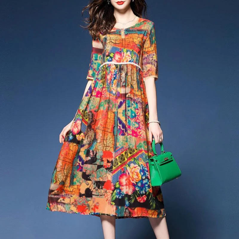 Rochie multicolora cu nasturi si  imprimeu, model casual