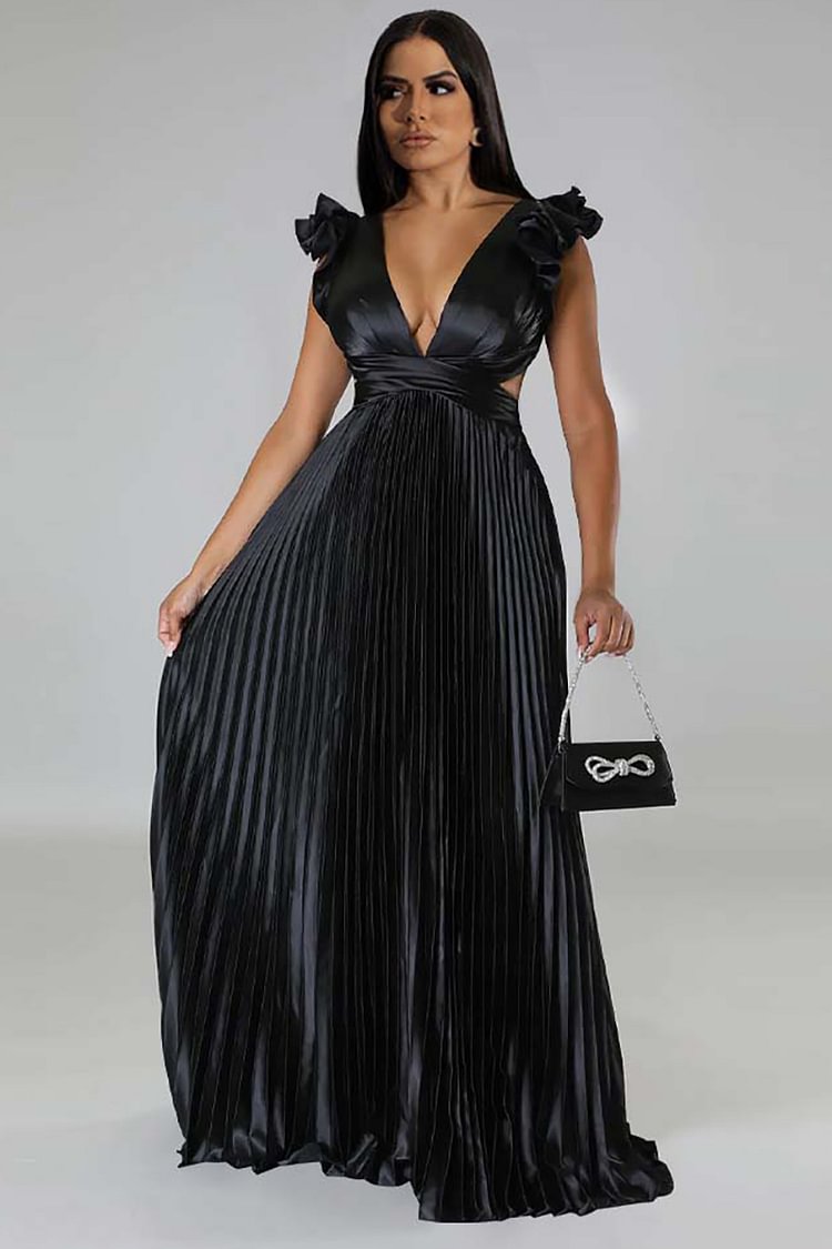 V Neck Ruffle Back Lace Up Pleated Cocktail Party Maxi Dresses