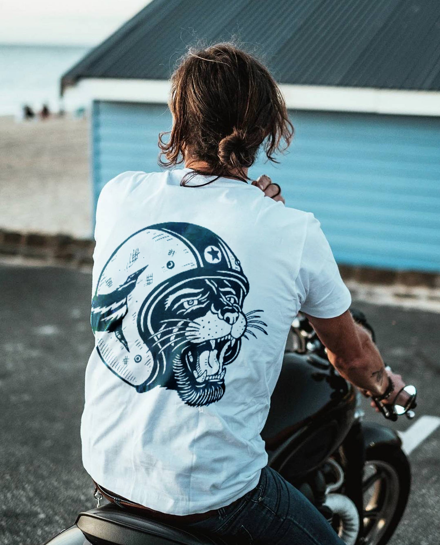 Motosunny Modern Tiger With Helmet White Print T Shirt