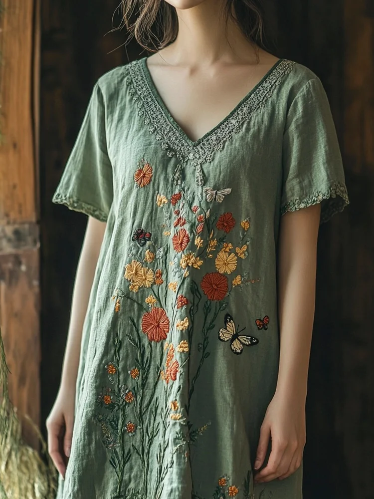Boho Floral Embroidery Women's Linen Dress