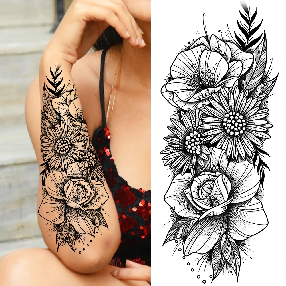 Sdrawing Sunflower Butterfly Temporary Tattoos For Women Adult Rose Flower Moon Fake Tattoo Arm Body Art Decoration Tatoo Paper