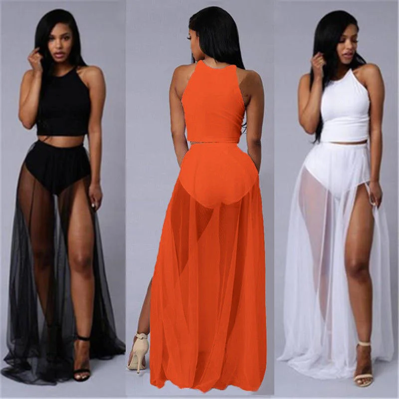 Brownm Women High Waist Mesh Skirts Empire See Through Sheer Side Split Skirt Solid Transparent Chiffon Maxi Long Skirt Summer 2023