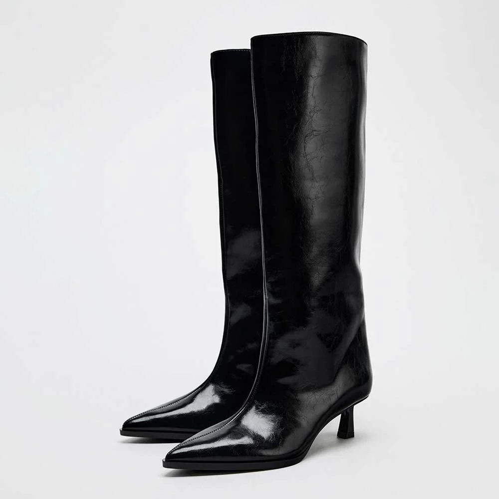 Black Kitten Heel Pointed Toe Pull-On Wide Leg Knee High Boots