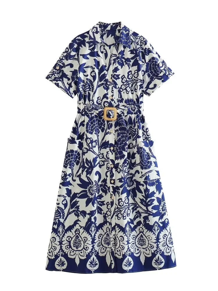 Woherb 2023 Women Summer MIDI Shirts Dress Vintage Print Floral Short Sleeve Female Elegant Street Belt Dresses Clothing