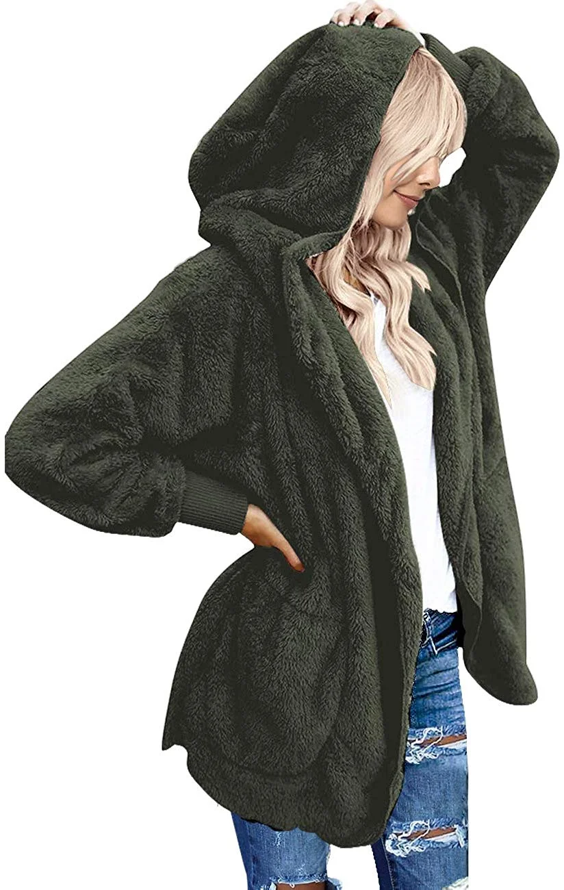 Casual Fuzzy Fleece Hooded Cardigan Pocket Faux Fur Outerwear Coat