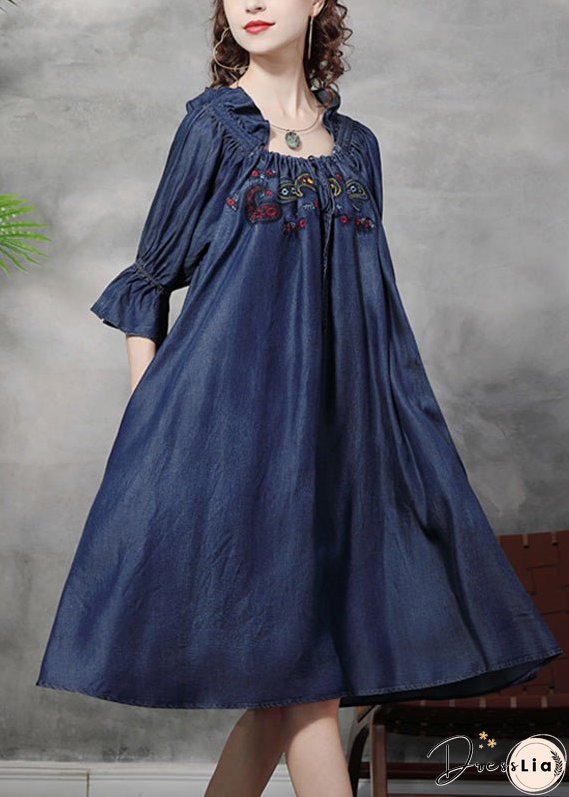 Vintage Blue Square Collar Embroideried Floral Ruffled Patchwork Long Dresses Half Sleeve