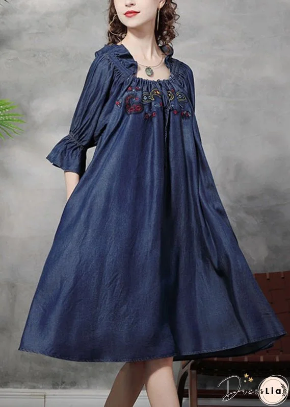 Vintage Blue Square Collar Embroideried Floral Ruffled Patchwork Long Dresses Half Sleeve