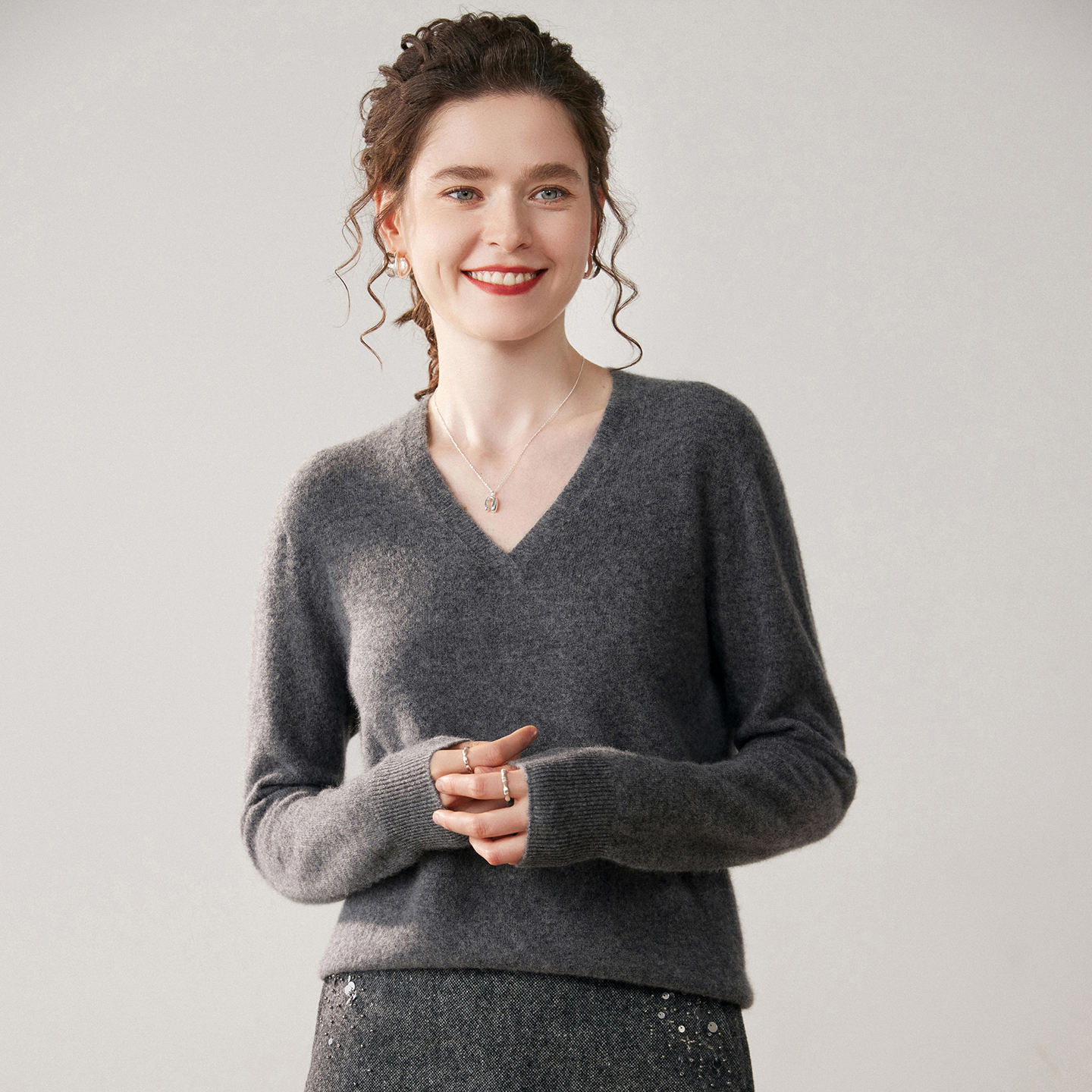 Women's V-Neck Cashmere Sweater Essential Knit Top REAL SILK LIFE