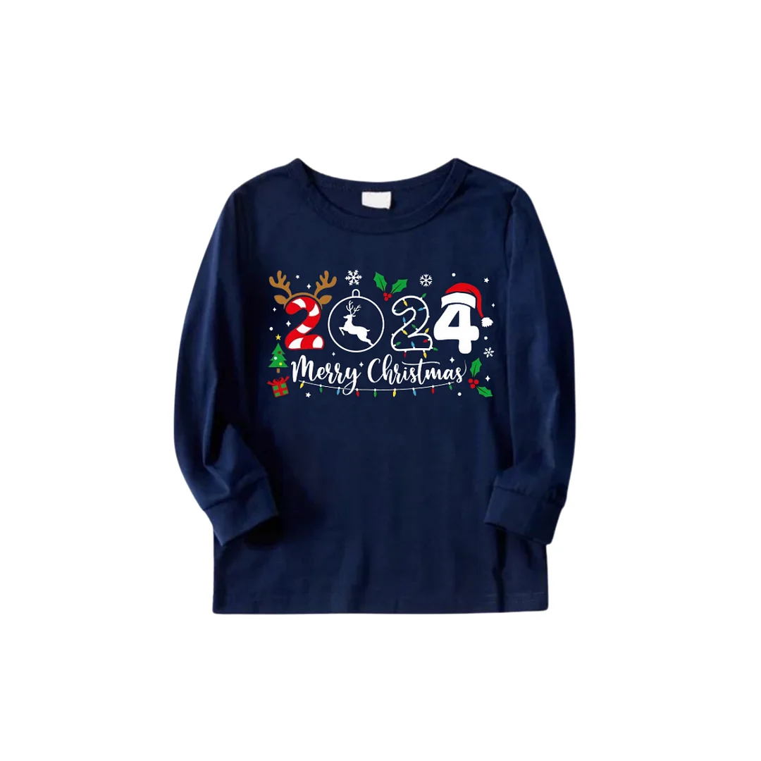 "Merry Christmas 2024" Text Prints Blue Long Sleeves Top with Red and Blue Plaid Pants Christmas Matching Pajamas