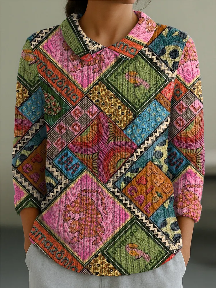 Women's Irregular Geometry Pattern Casual Peter Pan Collar 3/4 Sleeve Sweater