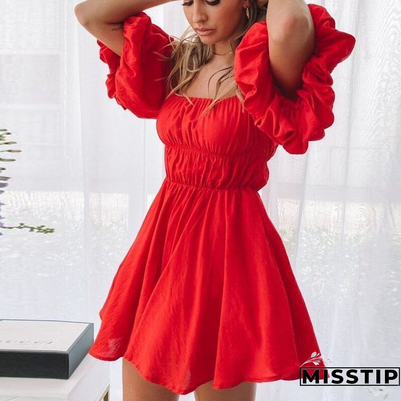 Women Elegant Puff Sleeve Mini Dress Sexy Off Shoulder Solid Party Dress Summer Sweet Lady Elastic Waist Beach Dresses Vestidos