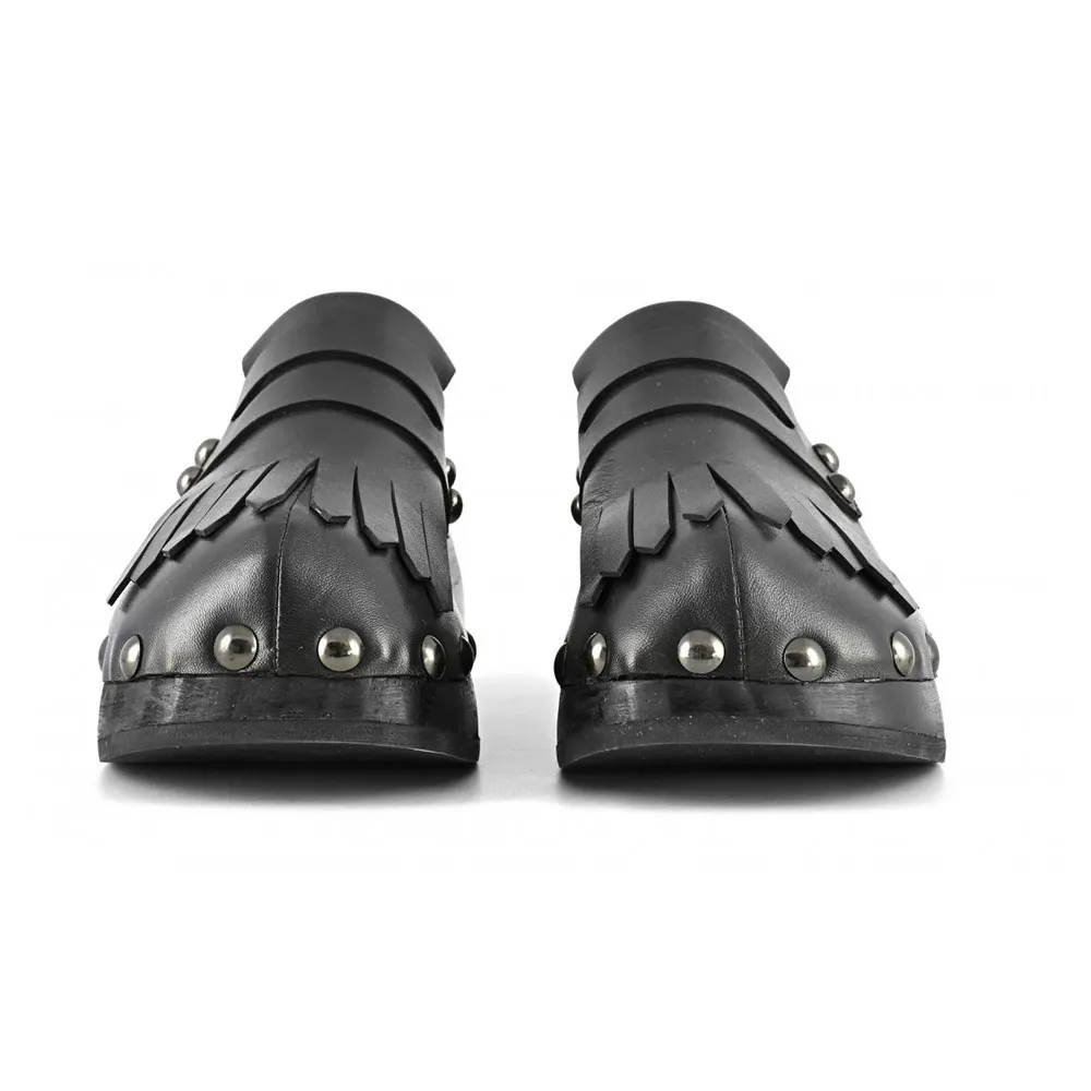 Black Round Toe Chunky Heel Platform Fringe Mules Shoes with Studded