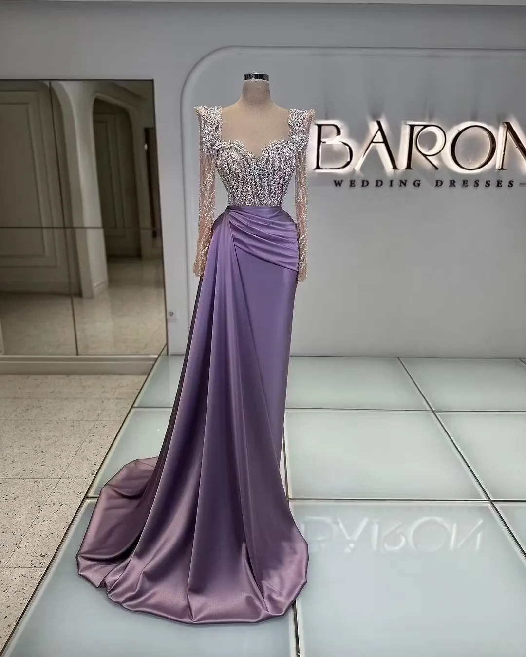 Lussooy Luxurious Purple Long Sleeves Sweetheart Beading Sequins Pleated Prom Dress 